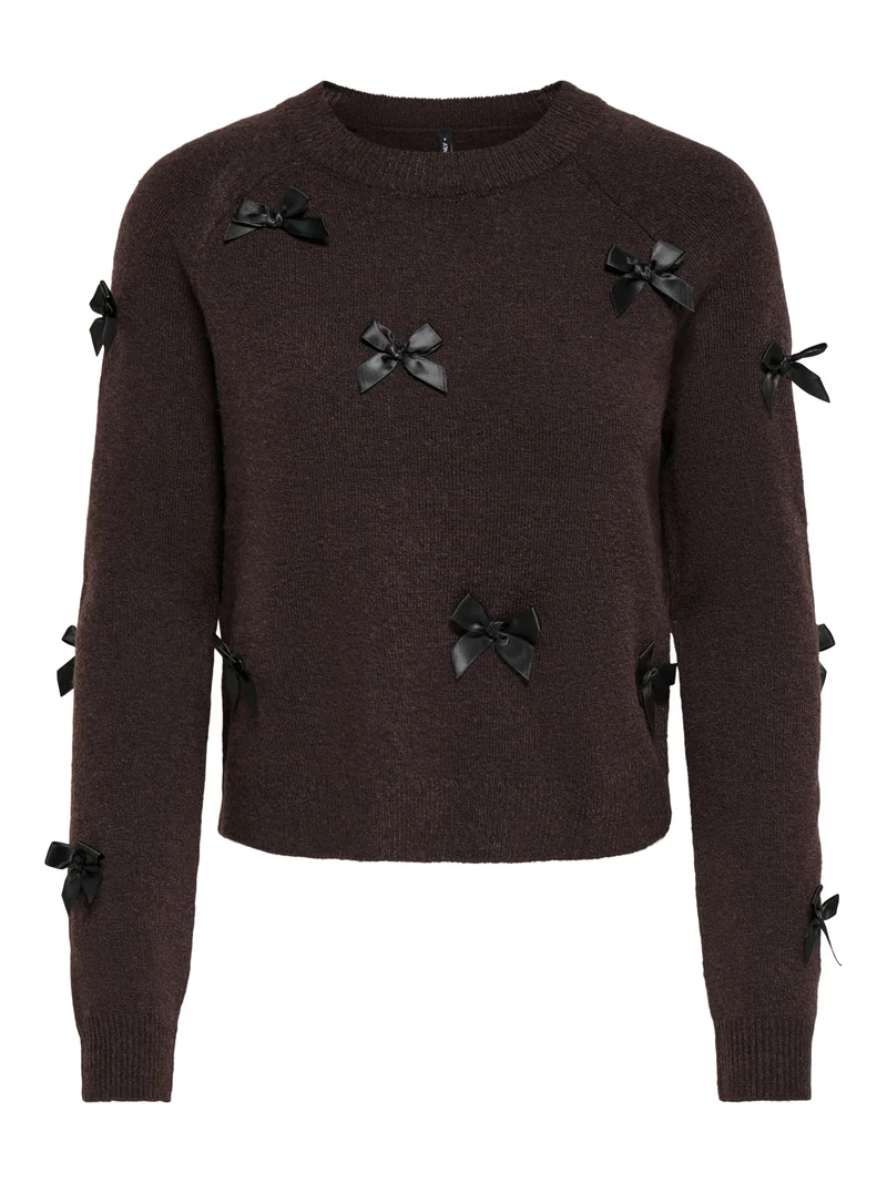 ONLNOELLE LS BOW PULLOVER KNT, Chocolate Torte/Black Bows