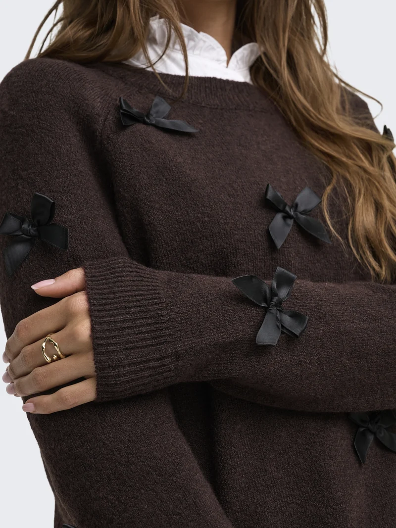 ONLNOELLE LS BOW PULLOVER KNT, Chocolate Torte/Black Bows