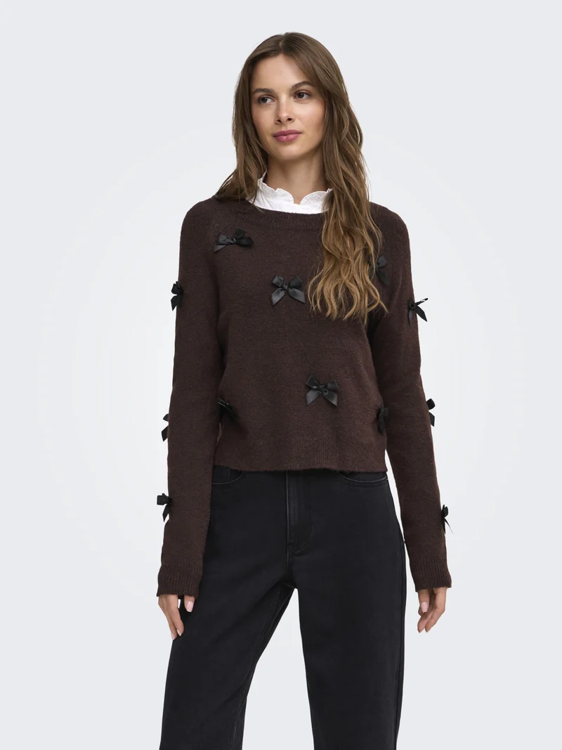ONLNOELLE LS BOW PULLOVER KNT, Chocolate Torte/Black Bows
