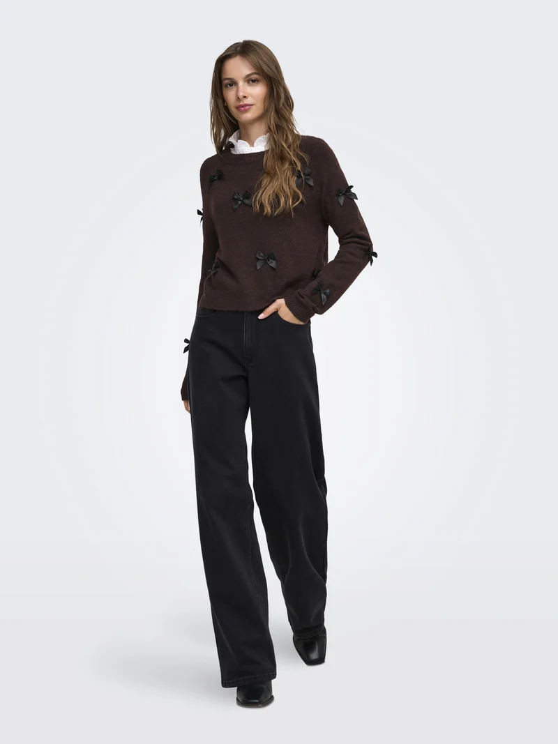 ONLNOELLE LS BOW PULLOVER KNT, Chocolate Torte/Black Bows