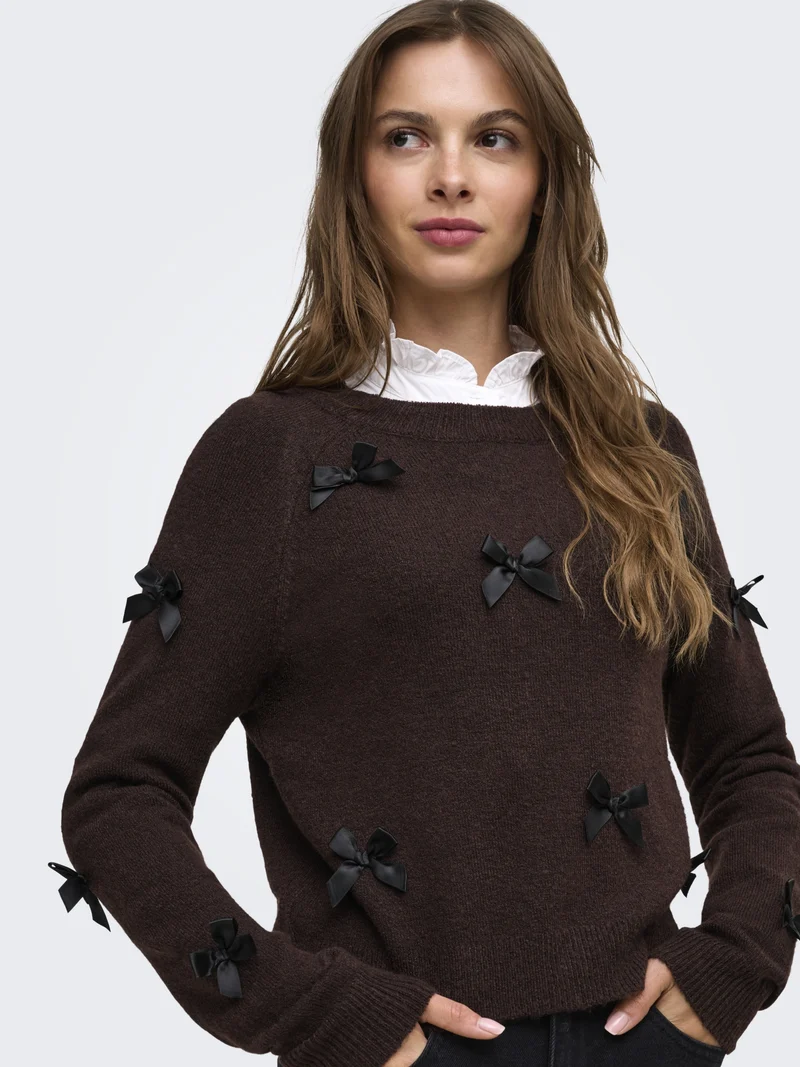 ONLNOELLE LS BOW PULLOVER KNT, Chocolate Torte/Black Bows