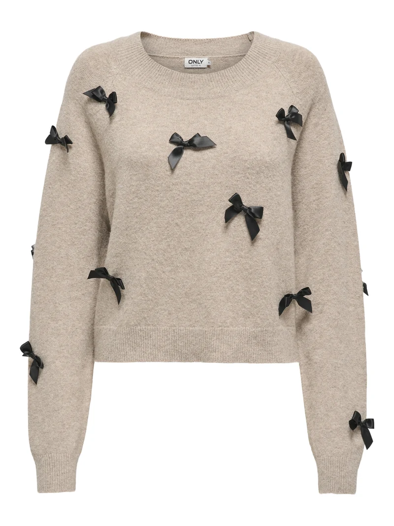 ONLNOELLE LS BOW PULLOVER KNT, Beige/W. Black Bows