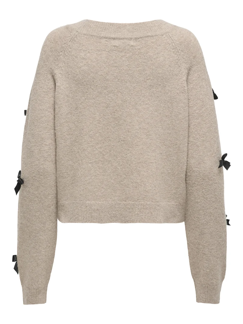 ONLNOELLE LS BOW PULLOVER KNT, Beige/W. Black Bows