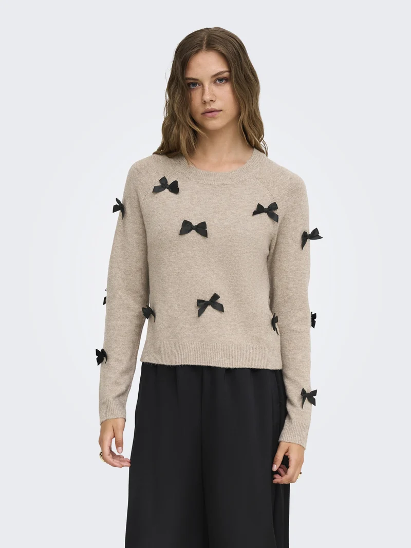 ONLNOELLE LS BOW PULLOVER KNT, Beige/W. Black Bows