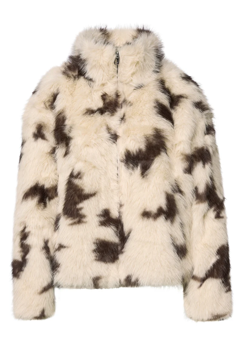 Studio Fake Fur Jkt w. Cow AOP, light sunstone beige