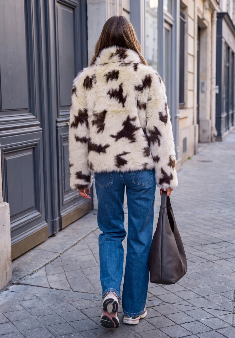 Studio Fake Fur Jkt w. Cow AOP, light sunstone beige