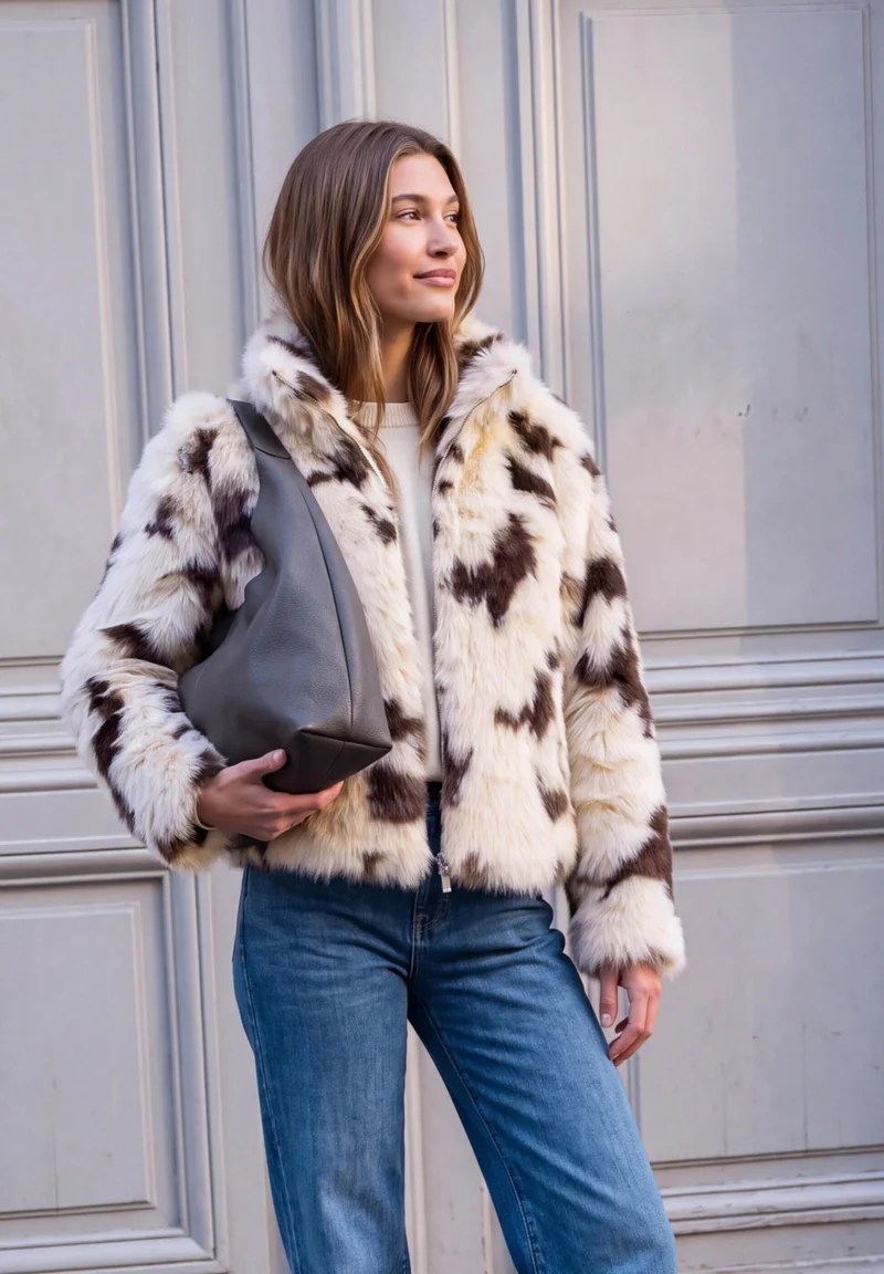 Studio Fake Fur Jkt w. Cow AOP, light sunstone beige