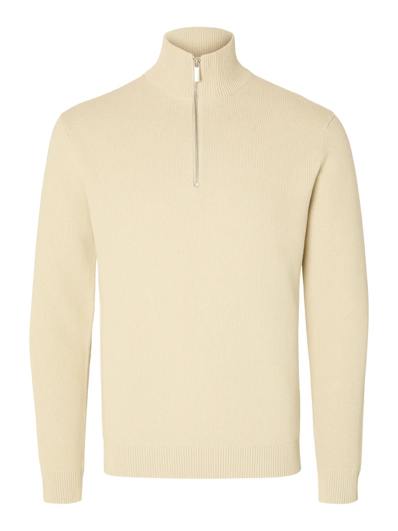 SLMDANE LS KNIT REG STRUC HALF ZIP, Oatmeal