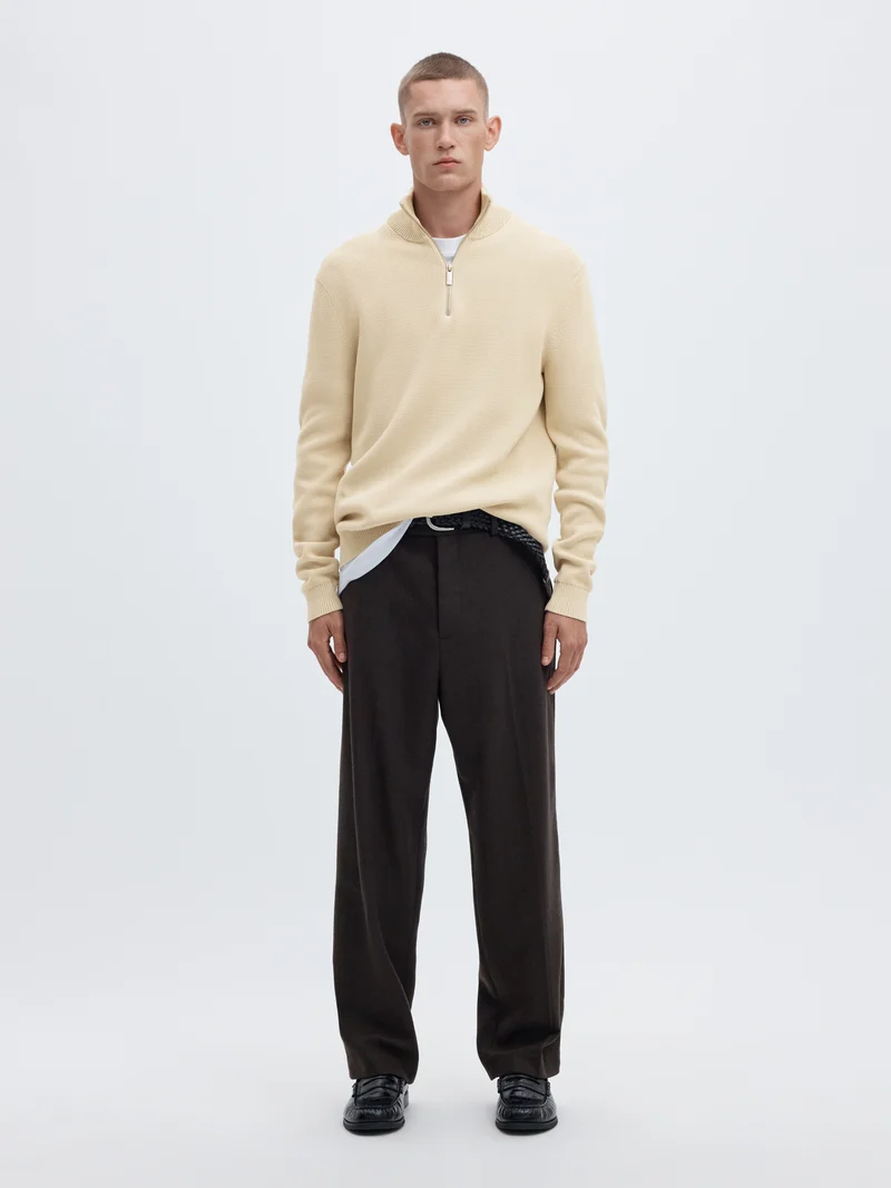 SLMDANE LS KNIT REG STRUC HALF ZIP, Oatmeal