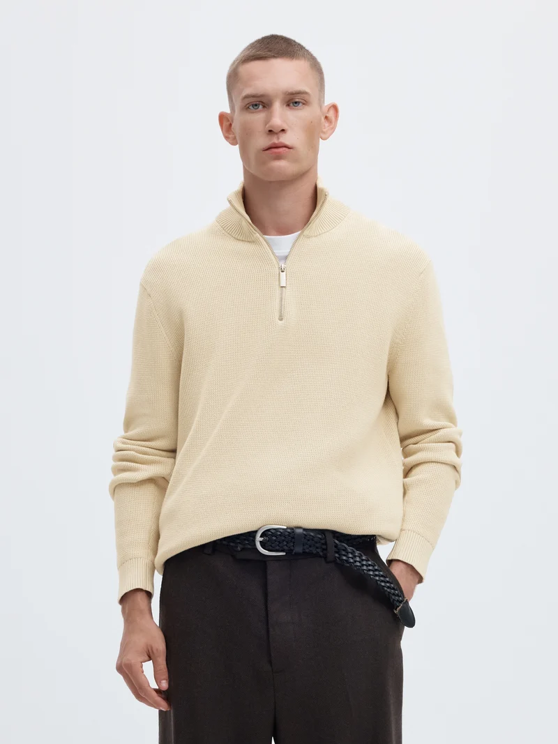 SLMDANE LS KNIT REG STRUC HALF ZIP, Oatmeal