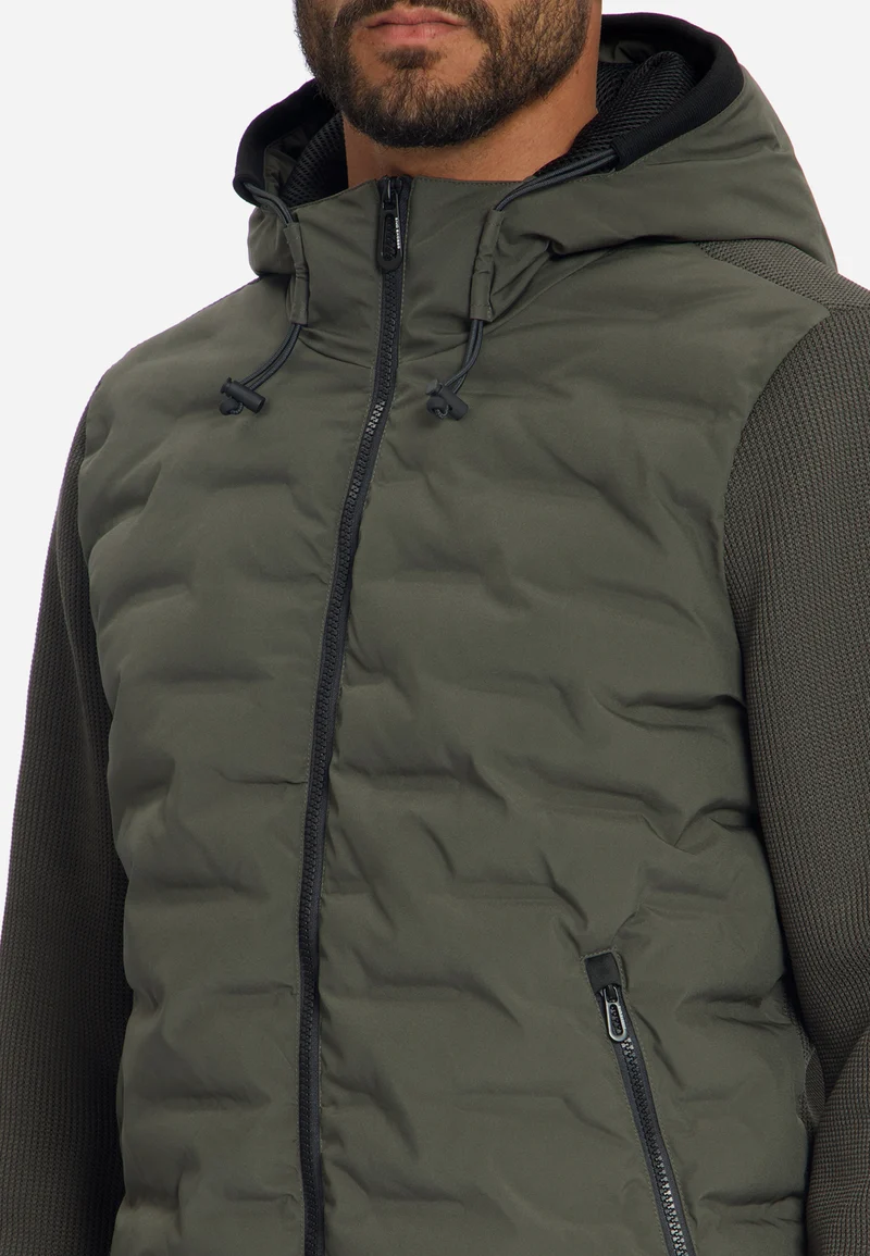 Jacket Short Fit Sealed Hooded Knitted Mix, Army