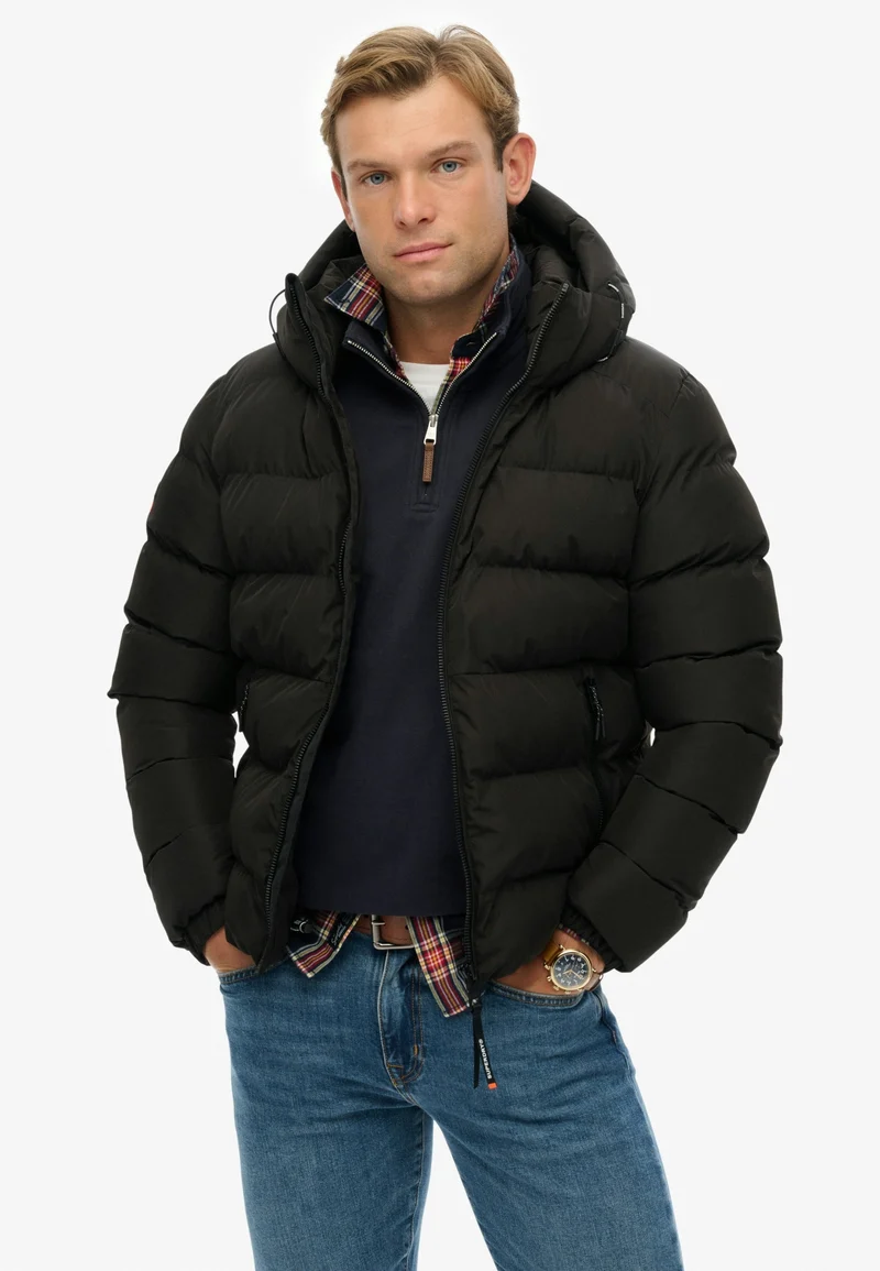HOODED SPORTS PUFFER JACKET, Black/Black