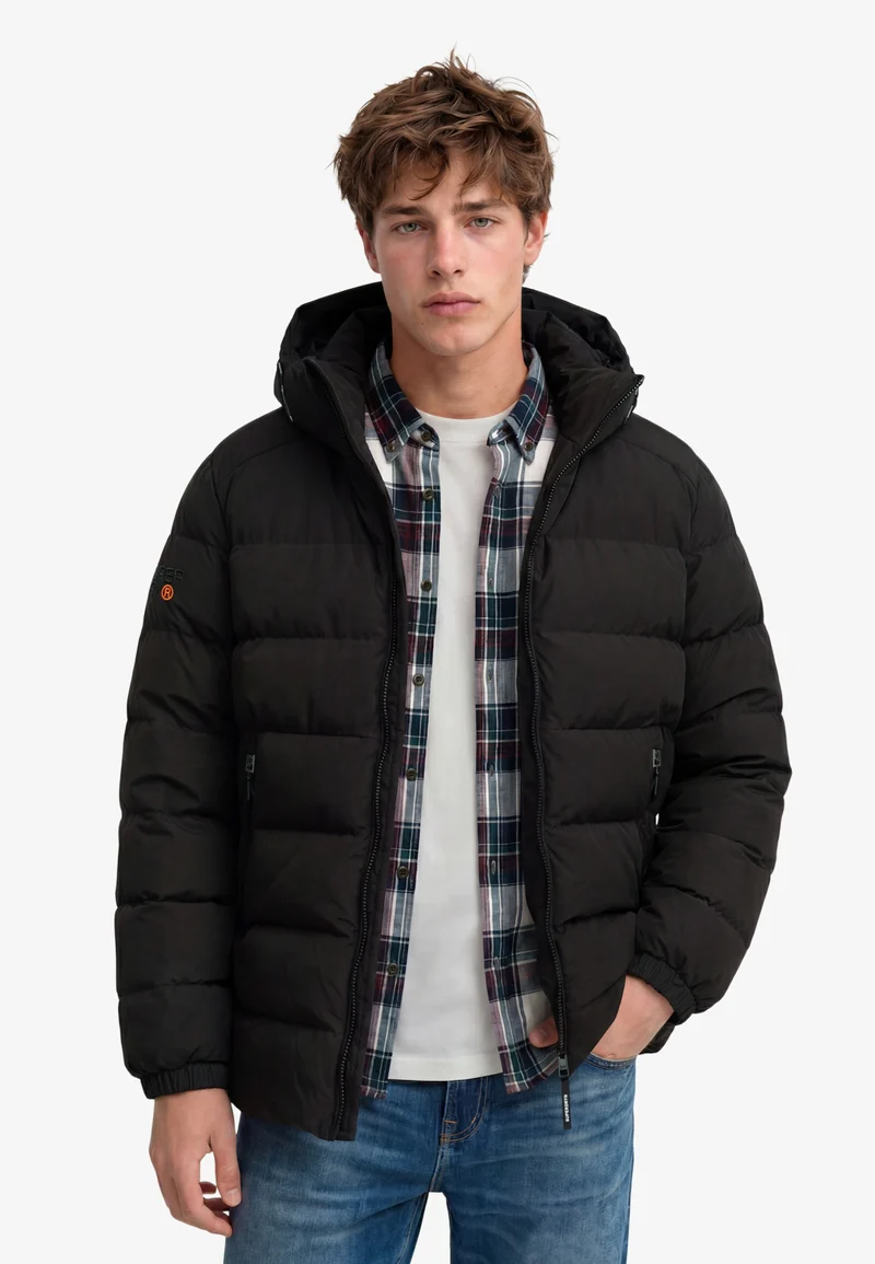 HOODED SPORTS PUFFER JACKET, Black/Black
