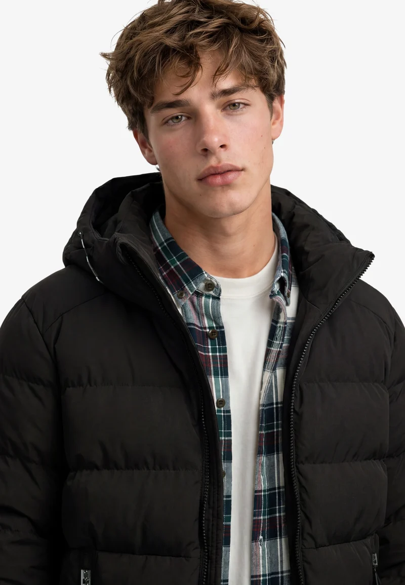 HOODED SPORTS PUFFER JACKET, Black/Black