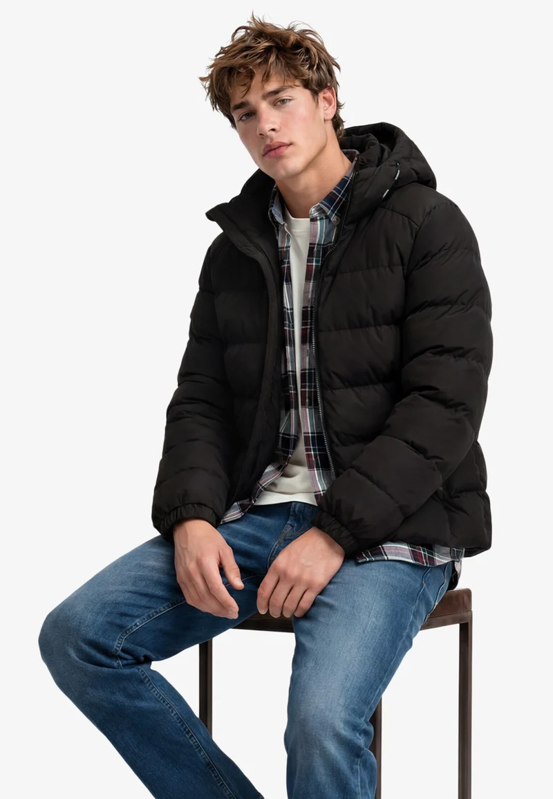 HOODED SPORTS PUFFER JACKET, Black/Black