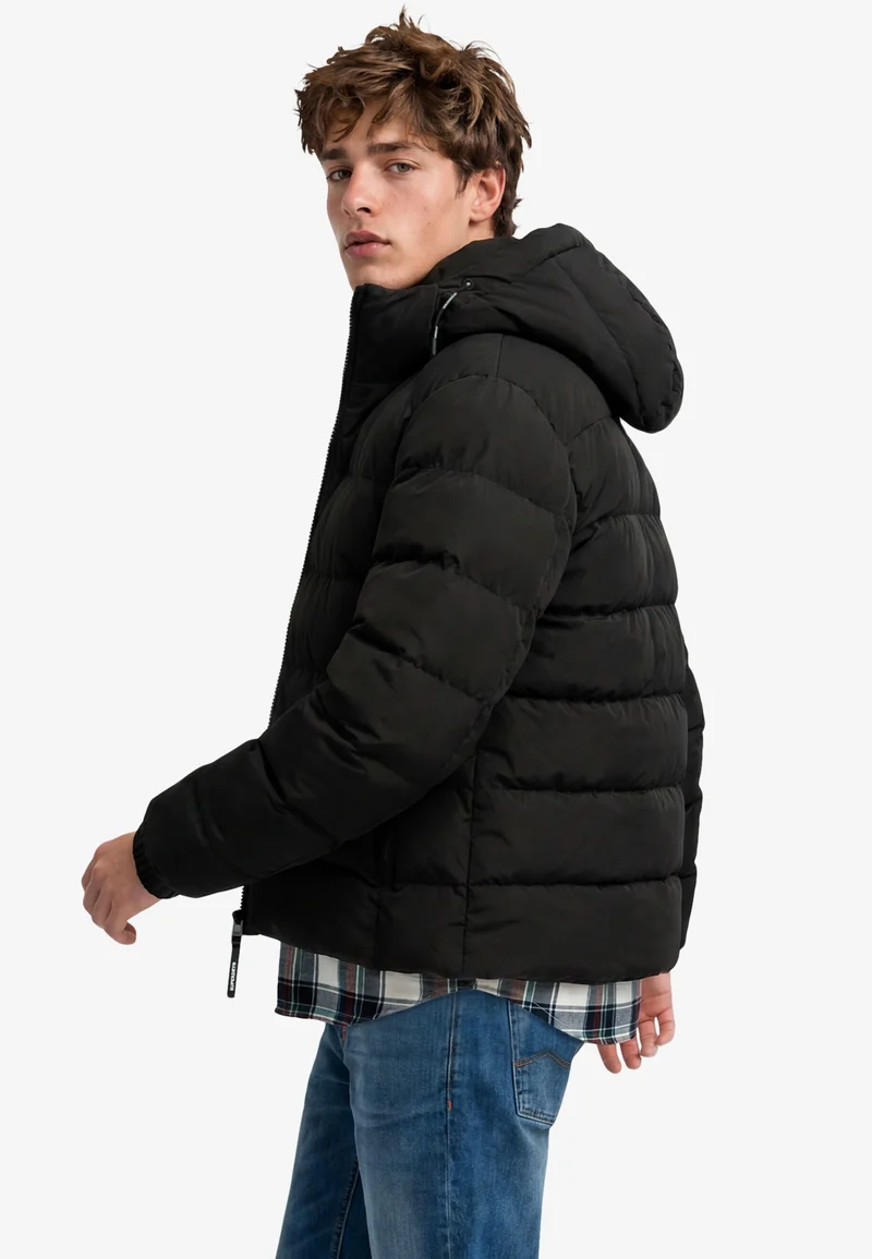 HOODED SPORTS PUFFER JACKET, Black/Black