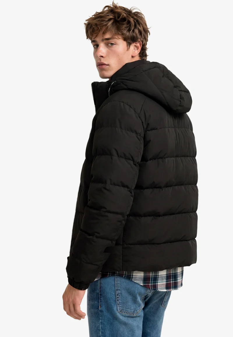 HOODED SPORTS PUFFER JACKET, Black/Black