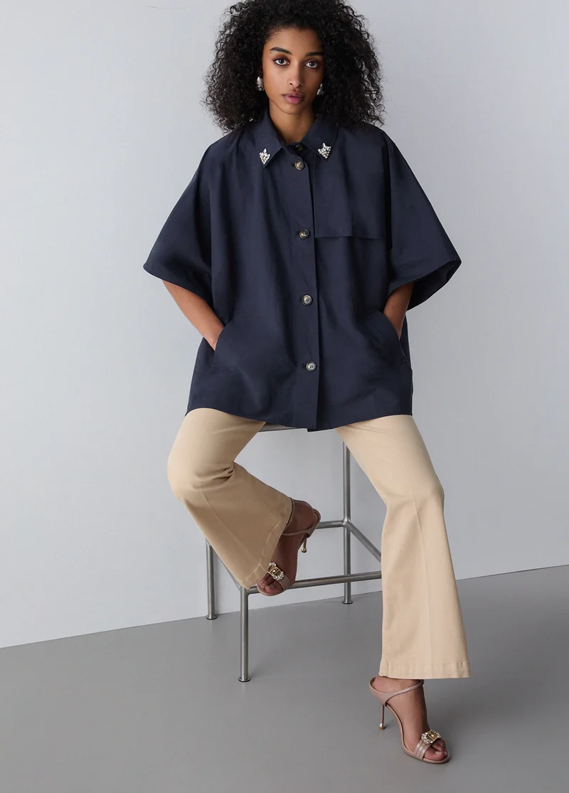 Trench-Style Poncho with Bejewelled Embellishment