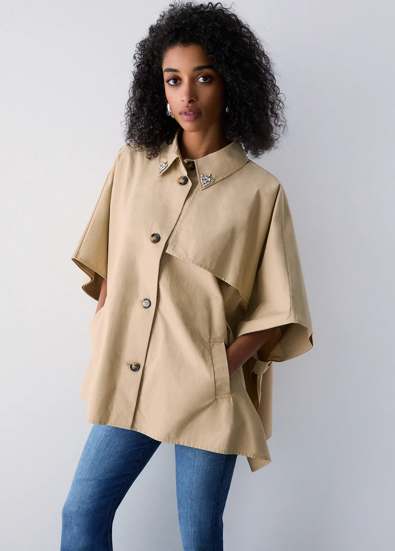 Trench-Style Poncho with Bejewelled Embellishment