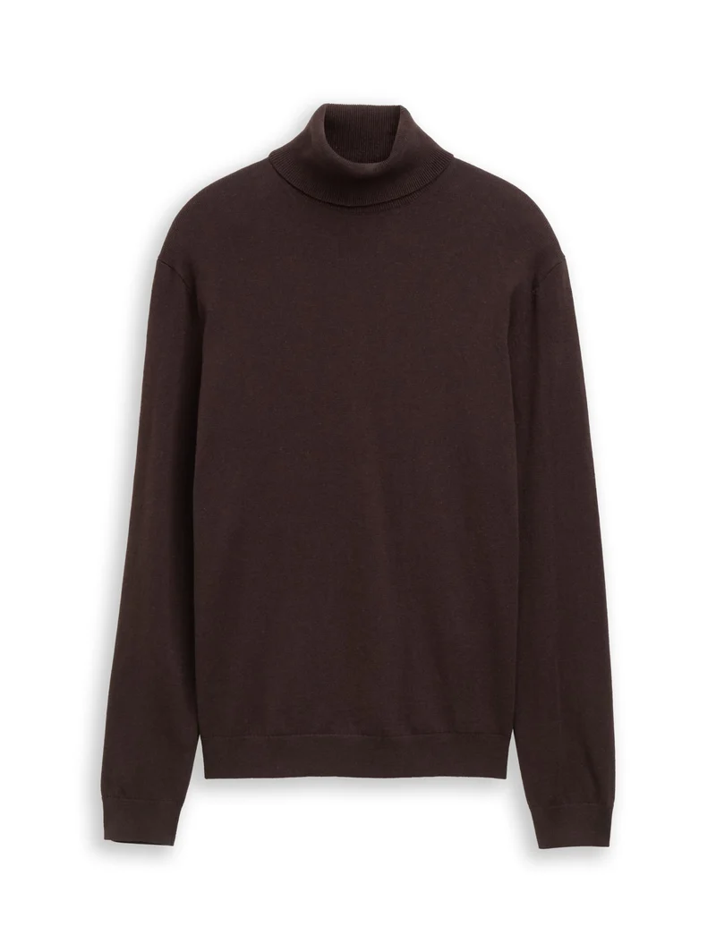 cotton cashmere turtle neck kn, dark chocolate brown melange