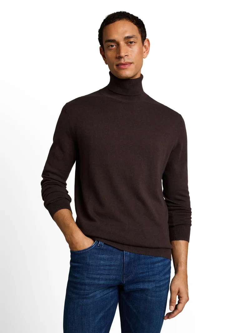 cotton cashmere turtle neck kn, dark chocolate brown melange