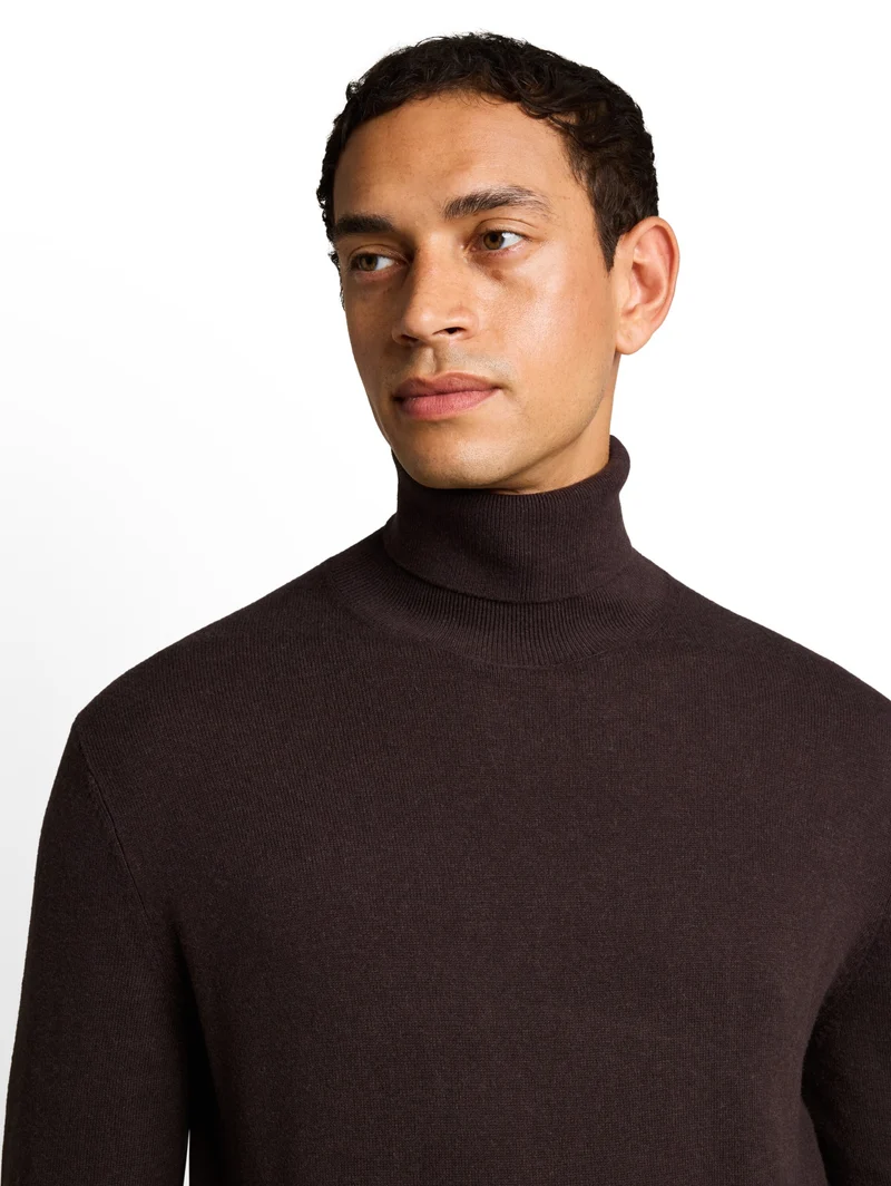 cotton cashmere turtle neck kn, dark chocolate brown melange