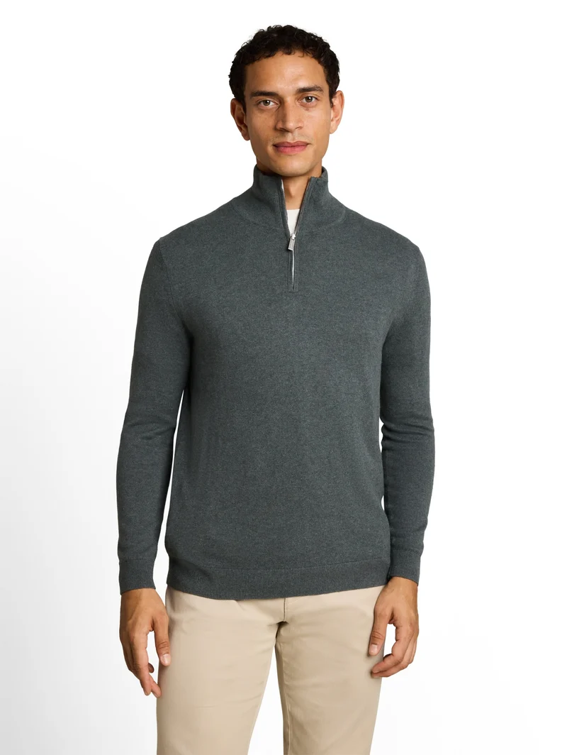 cotton cashmere troyer knit, darkest olive melange