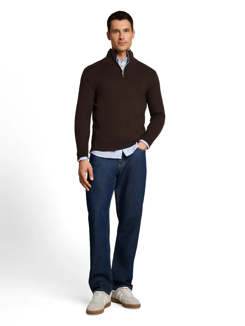 cotton cashmere troyer knit, dark chocolate brown melange