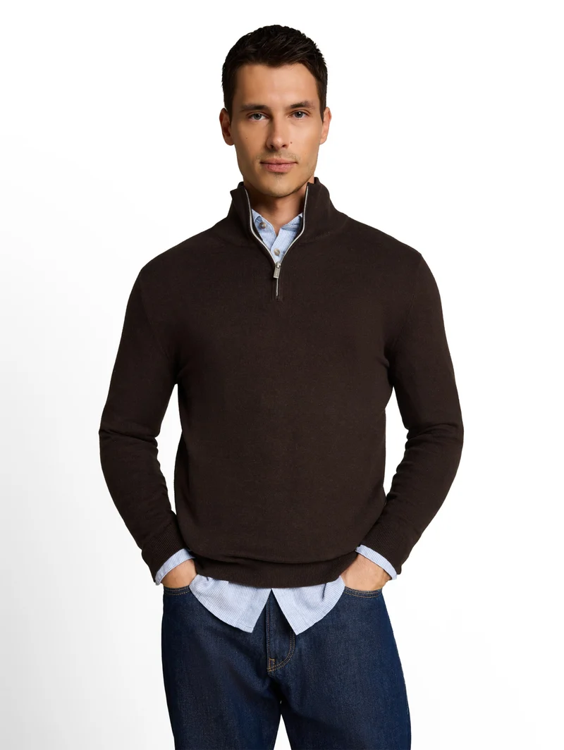 cotton cashmere troyer knit, dark chocolate brown melange
