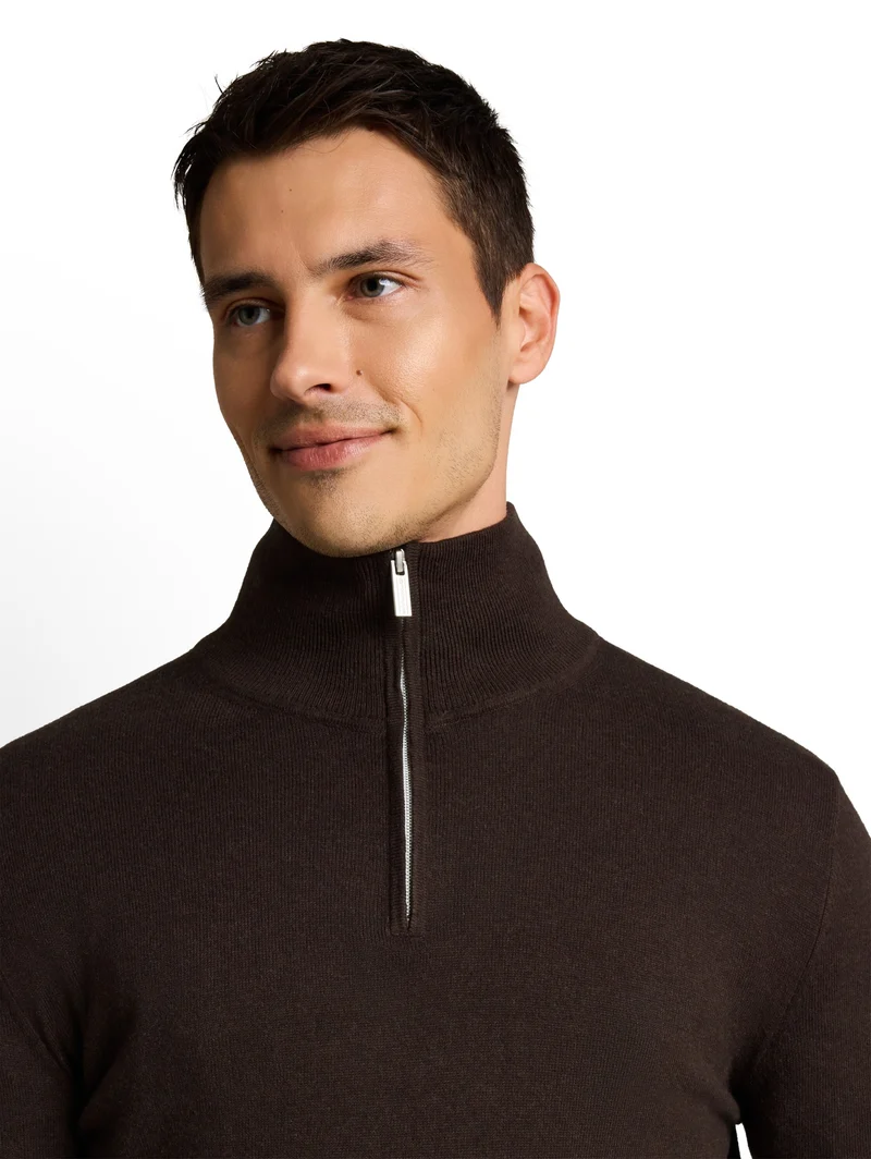 cotton cashmere troyer knit, dark chocolate brown melange