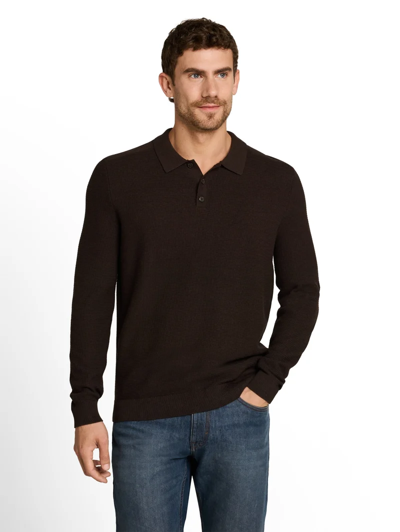 structured knit polo, dark chocolate brown melange