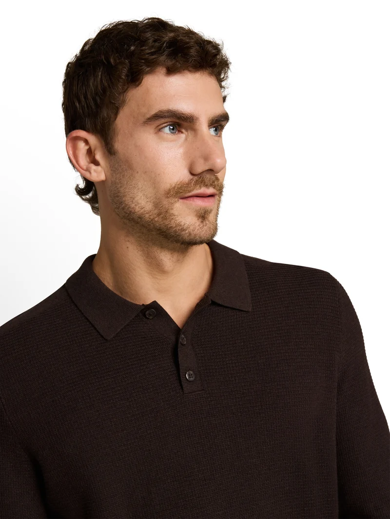 structured knit polo, dark chocolate brown melange