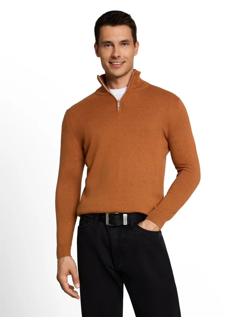 cotton cashmere troyer knit, camel brown melange