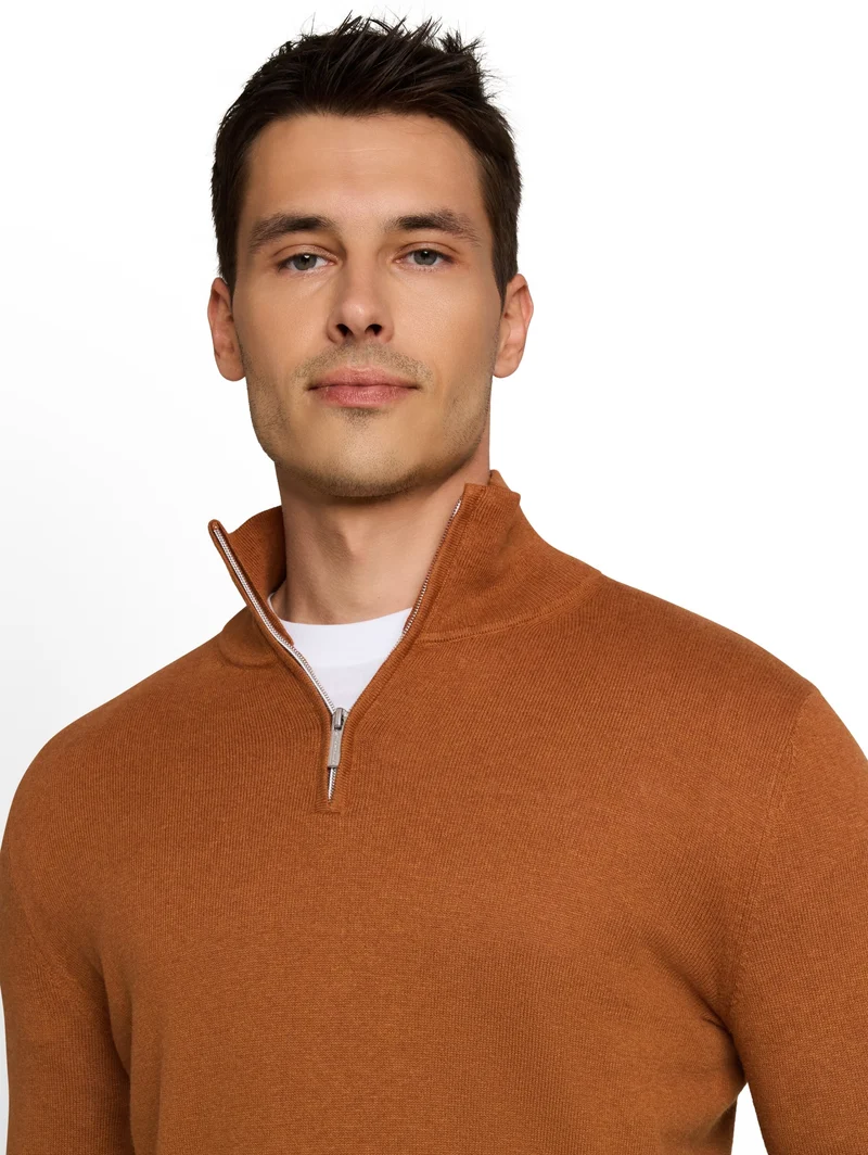 cotton cashmere troyer knit, camel brown melange