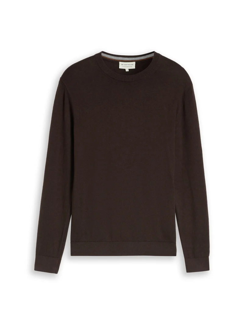 cotton cashmere crew neck knit, dark chocolate brown melange