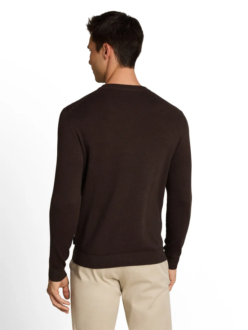 cotton cashmere crew neck knit, dark chocolate brown melange
