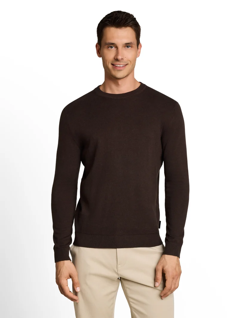 cotton cashmere crew neck knit, dark chocolate brown melange