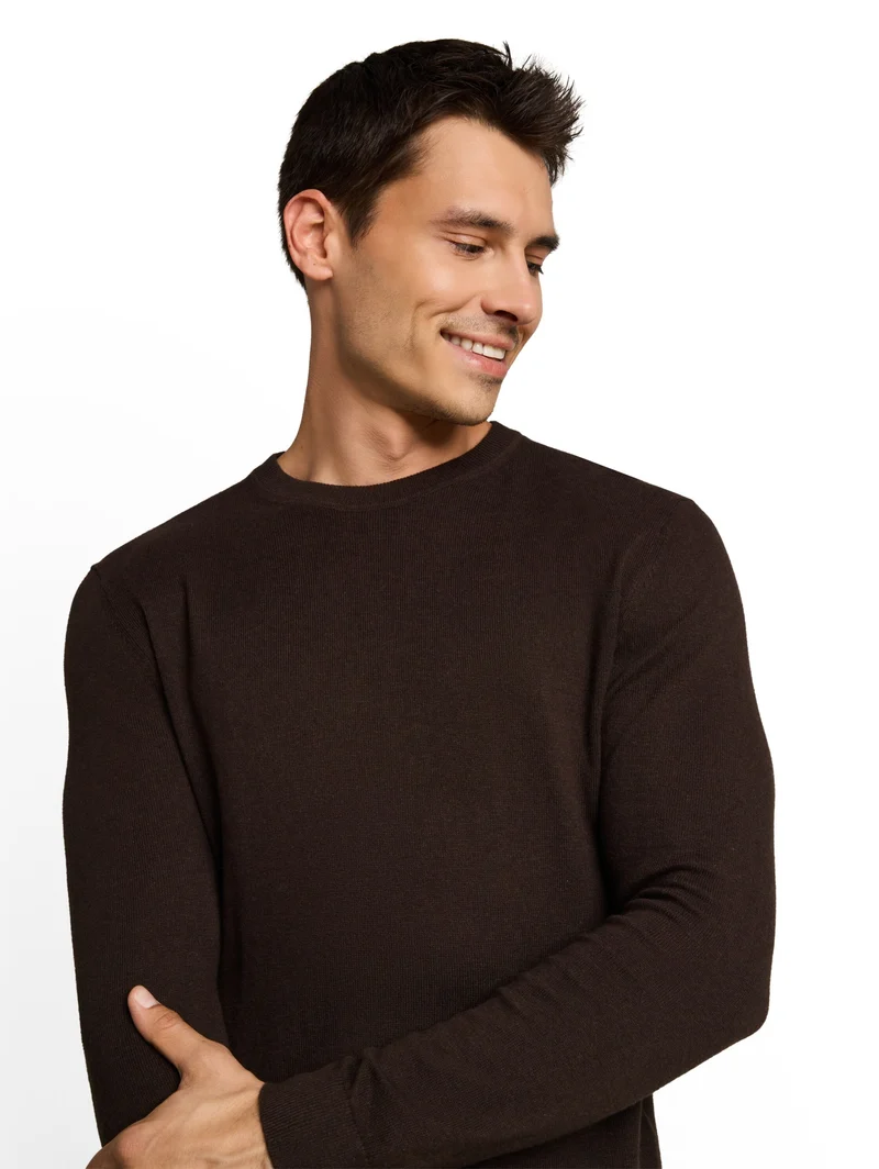 cotton cashmere crew neck knit, dark chocolate brown melange