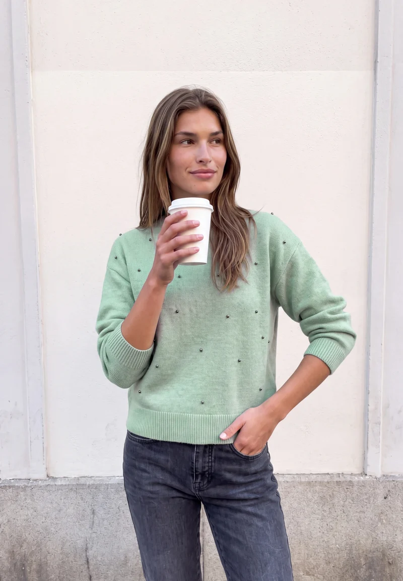 Sweater with beading, grayed mint mel.