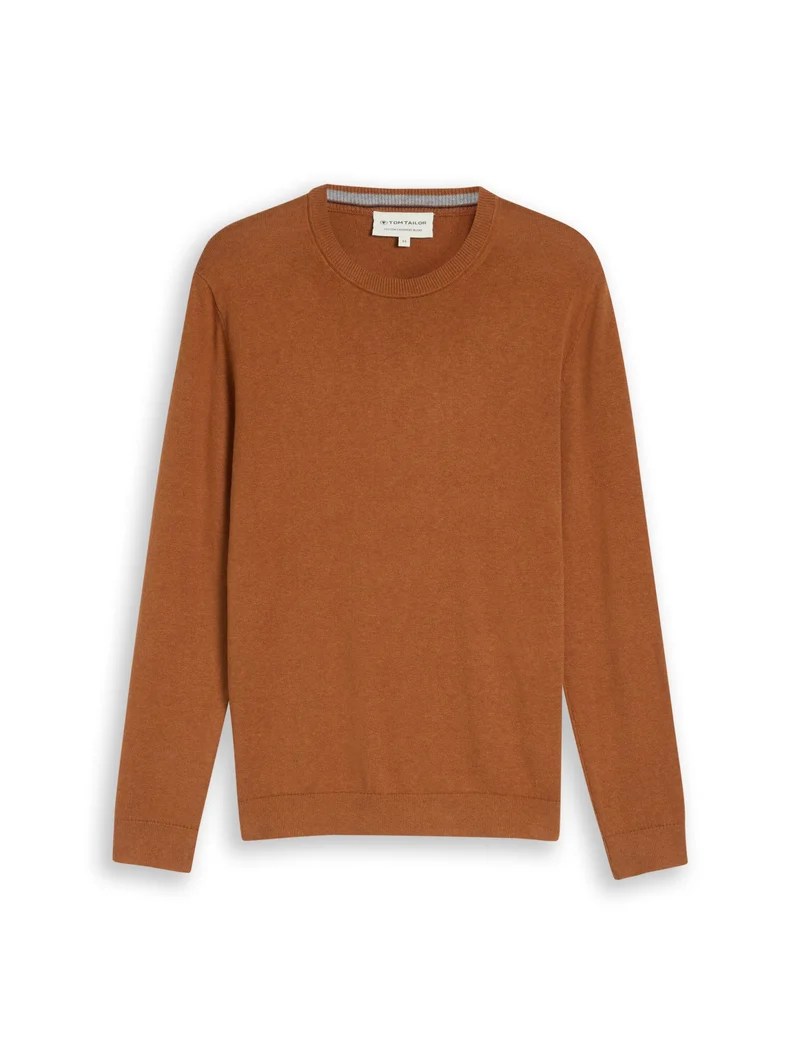 cotton cashmere crew neck knit, camel brown melange