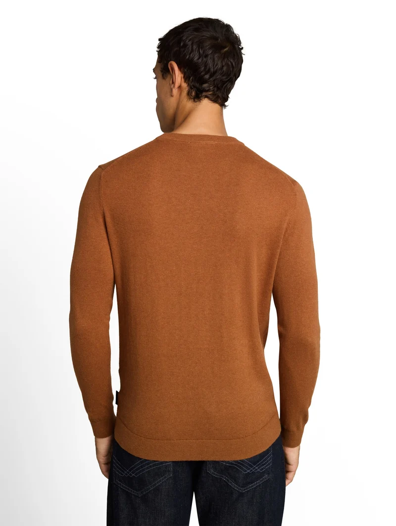 cotton cashmere crew neck knit, camel brown melange