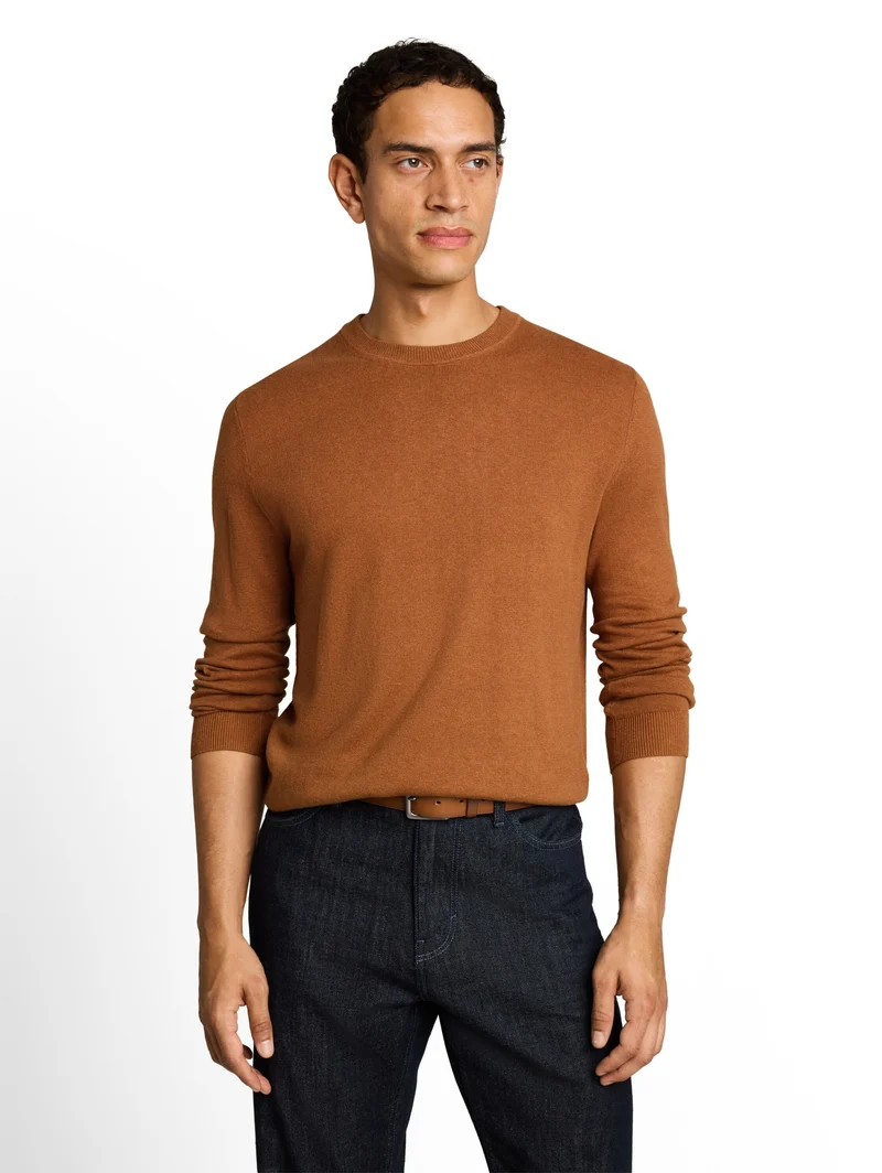 cotton cashmere crew neck knit, camel brown melange