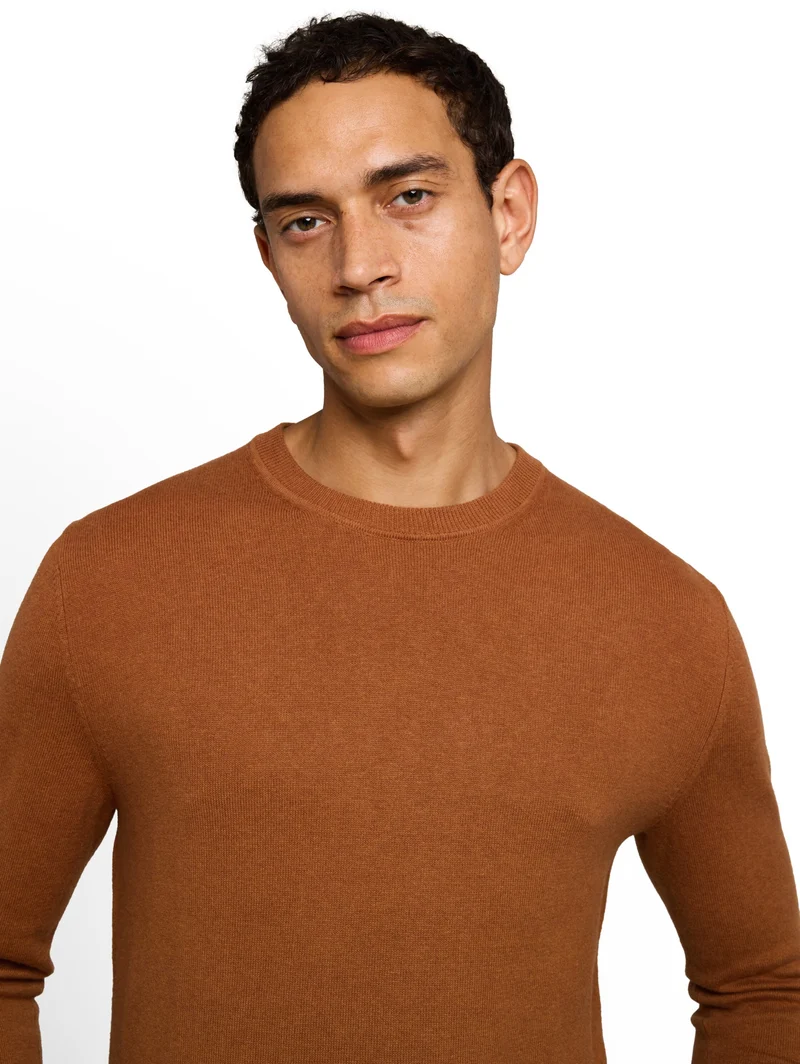 cotton cashmere crew neck knit, camel brown melange