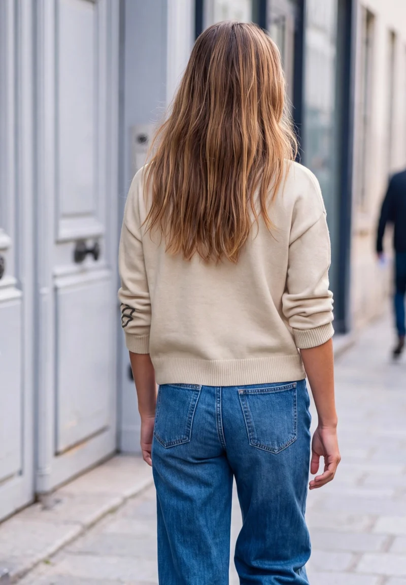 Sweater with flower, creamed sand mel.