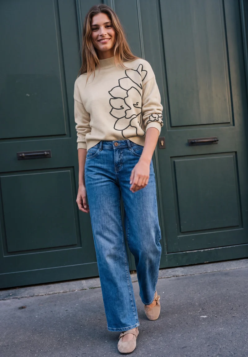 Sweater with flower, creamed sand mel.
