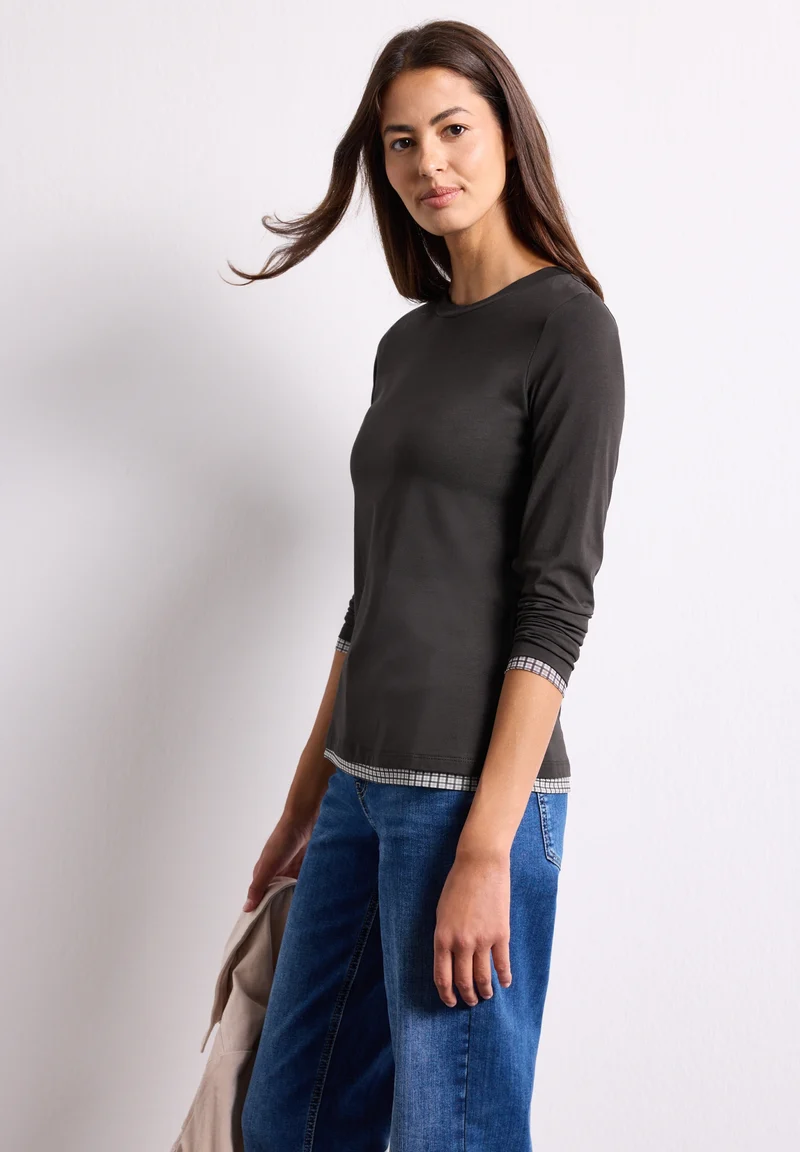 shirt w.printed mesh cuffs, black coffee