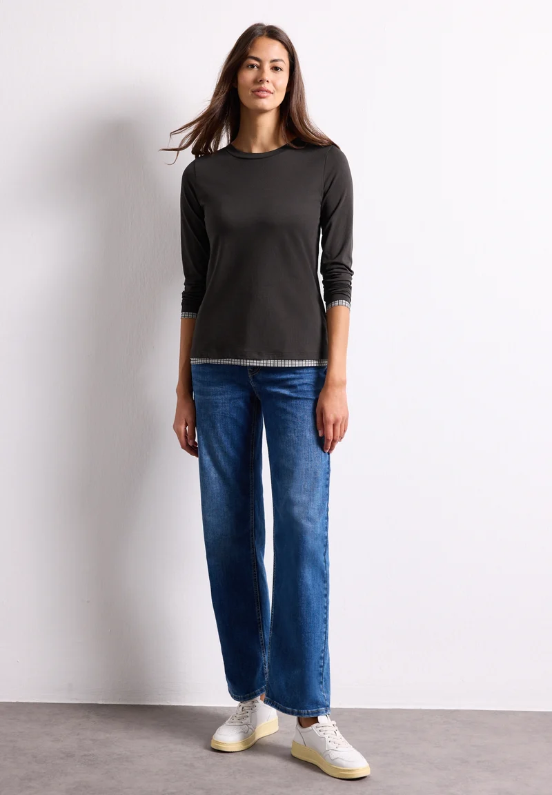 shirt w.printed mesh cuffs, black coffee