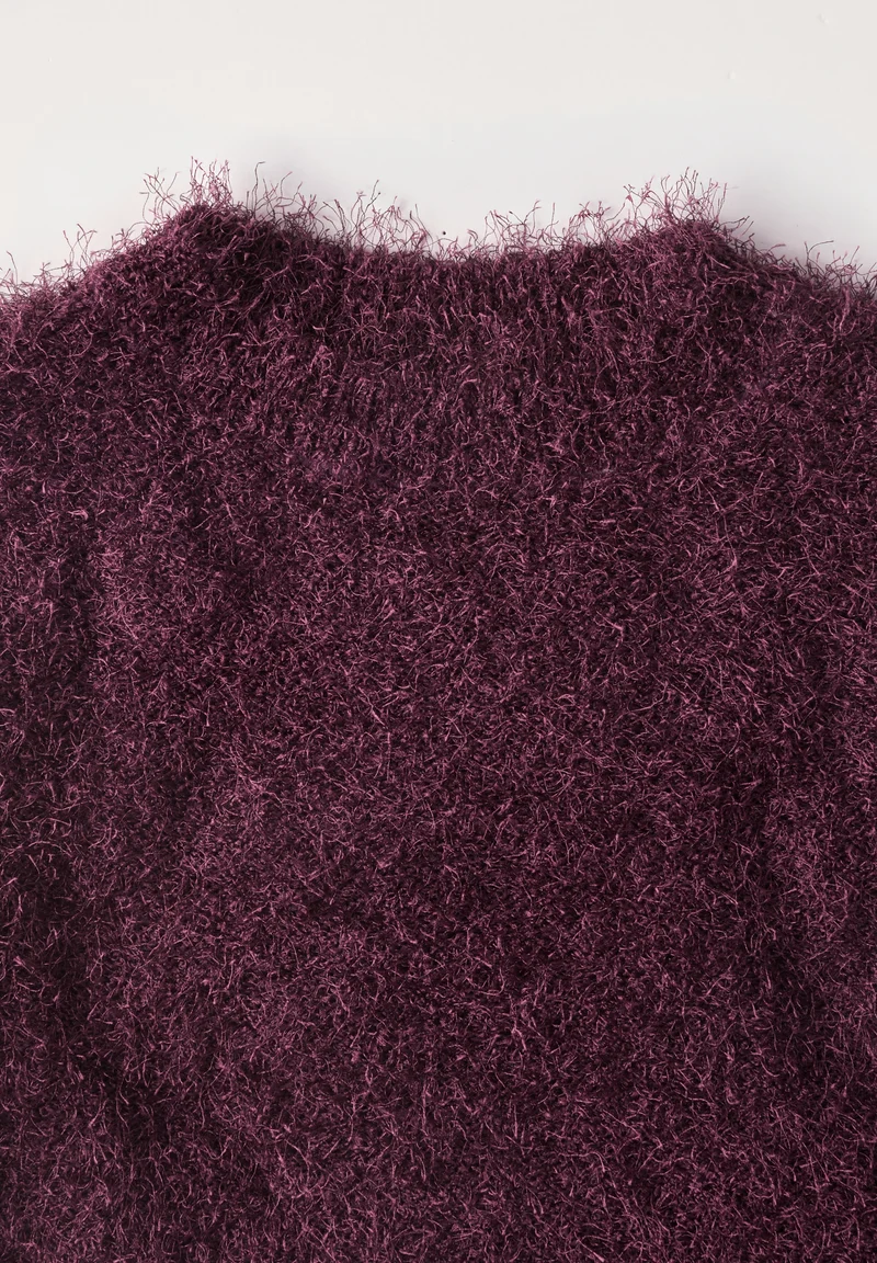 rounded neck fringe sweater, rustic rouge