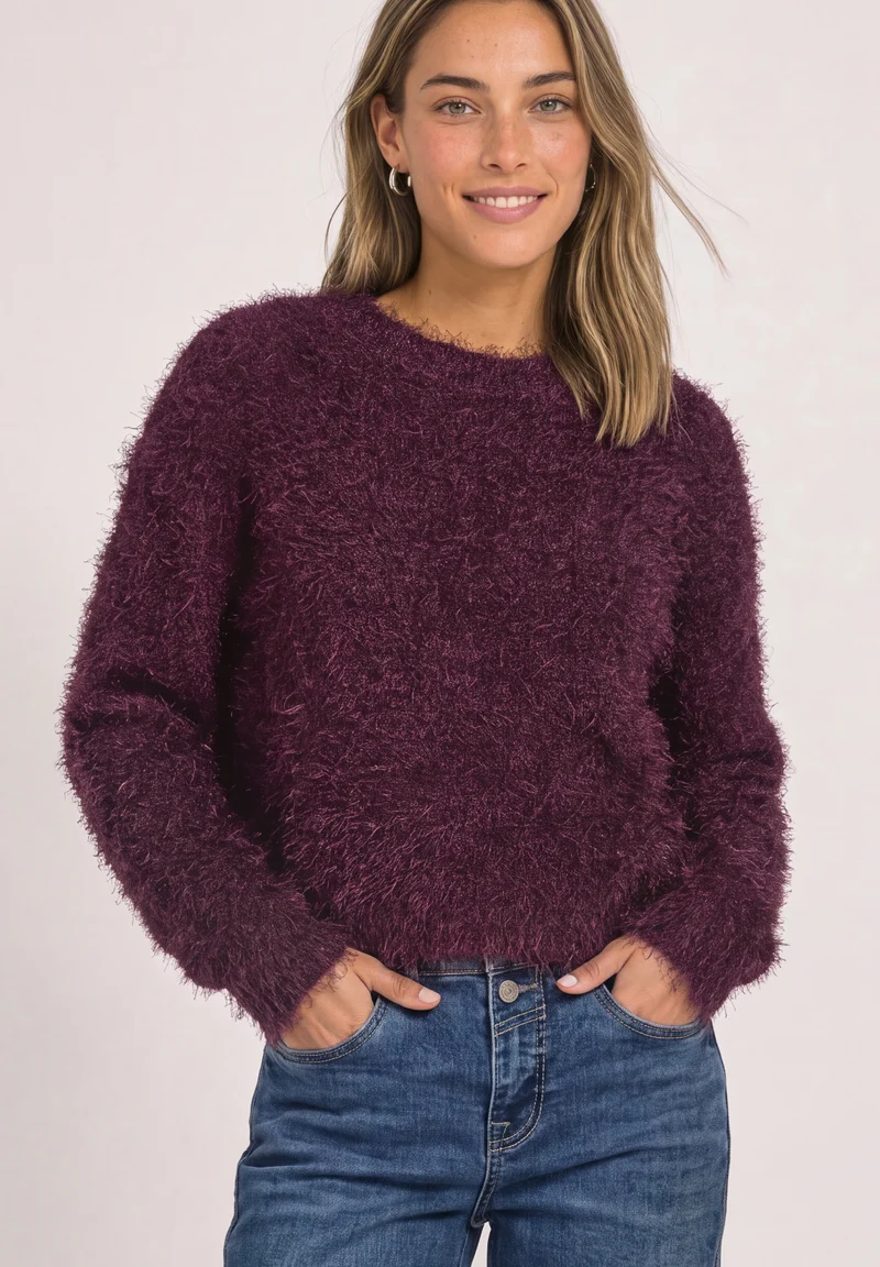 rounded neck fringe sweater, rustic rouge