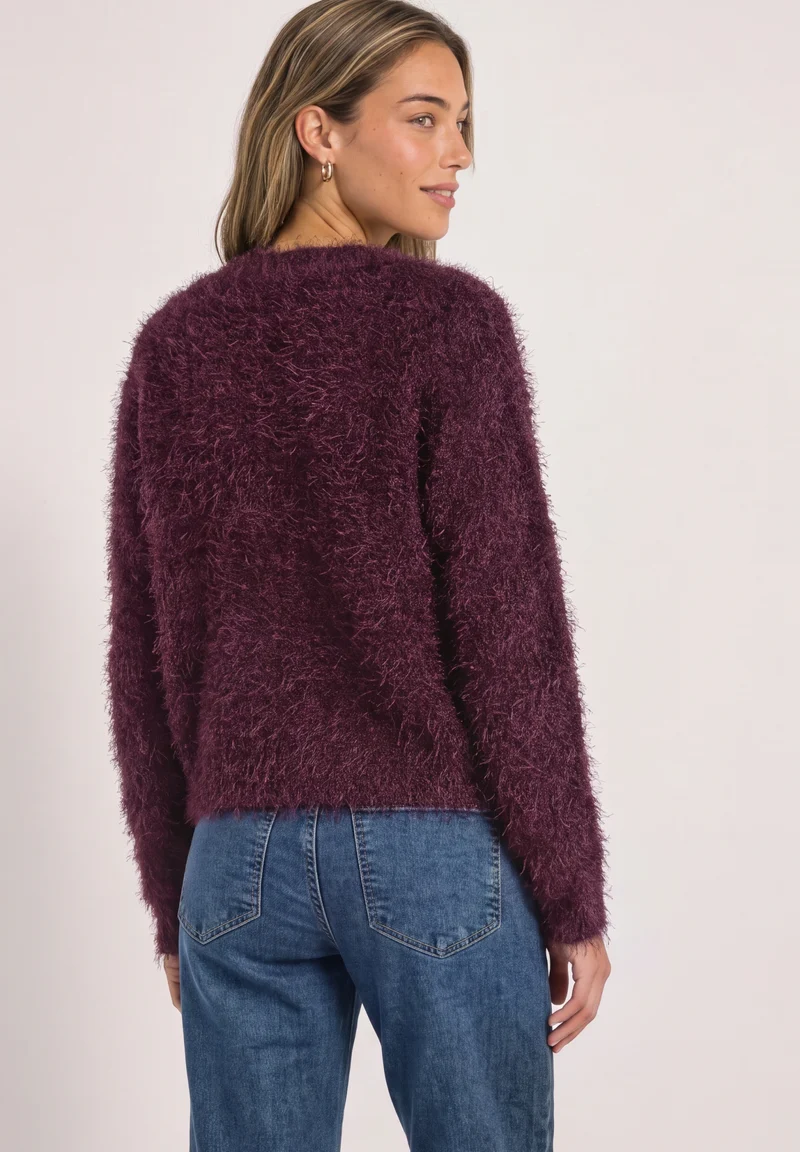 rounded neck fringe sweater, rustic rouge
